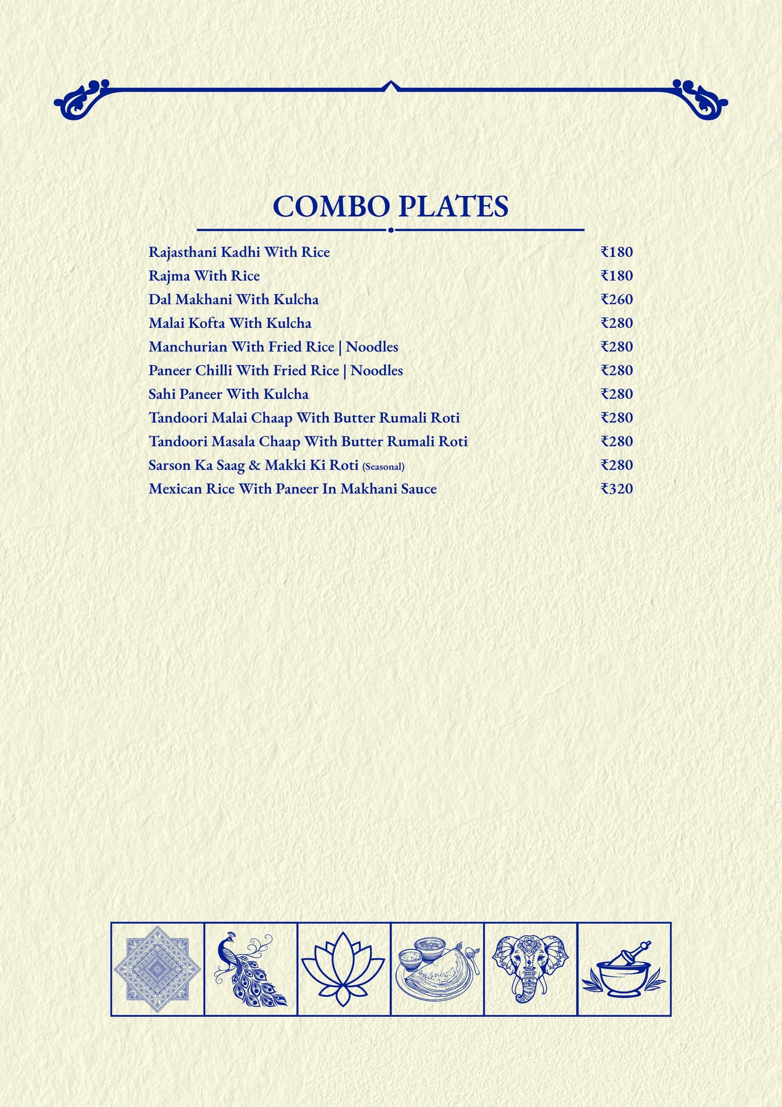 Combo Plates: Rajma With Rice, Dal Makhani With Kulcha, Tandoori Malai Chaap With Butter Rumali Roti